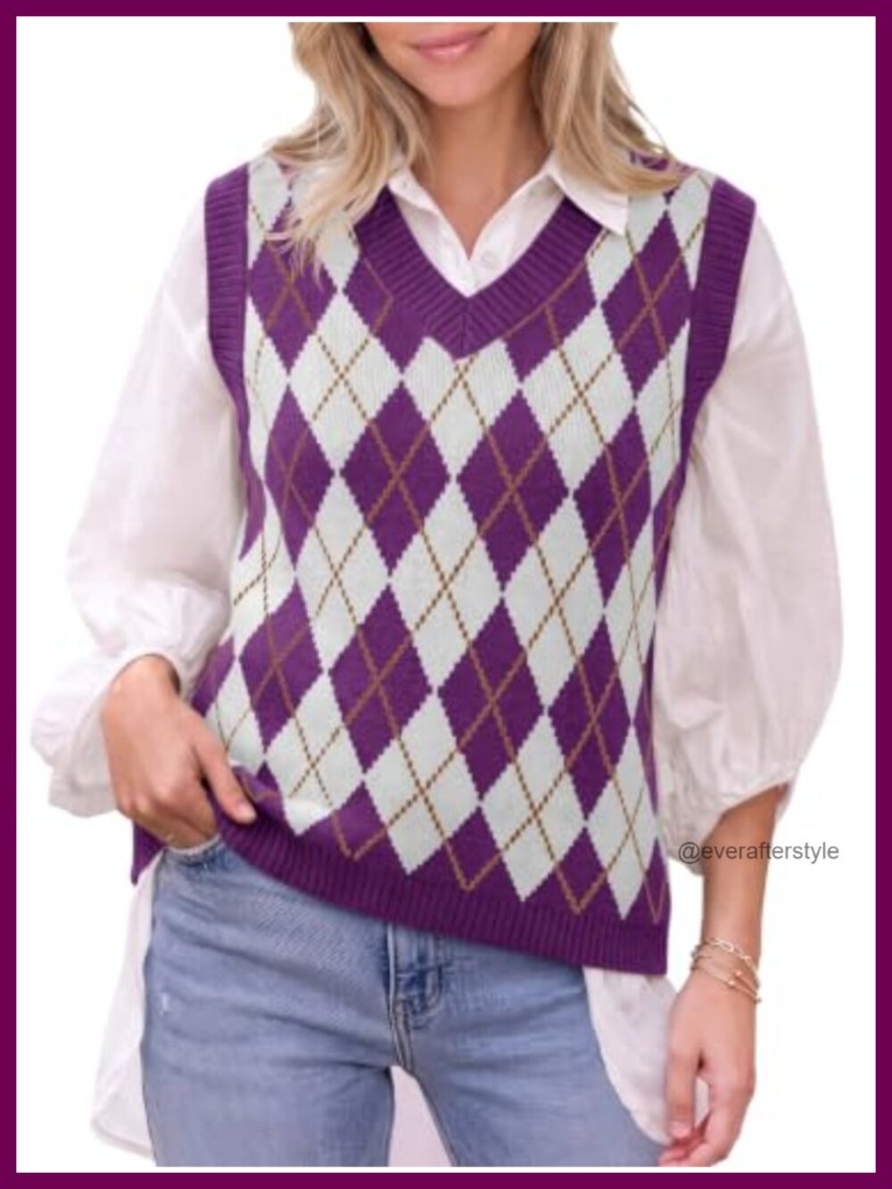 V Neck Argyle Plaid Sweater Vest Sleeveless Knit Layering Top